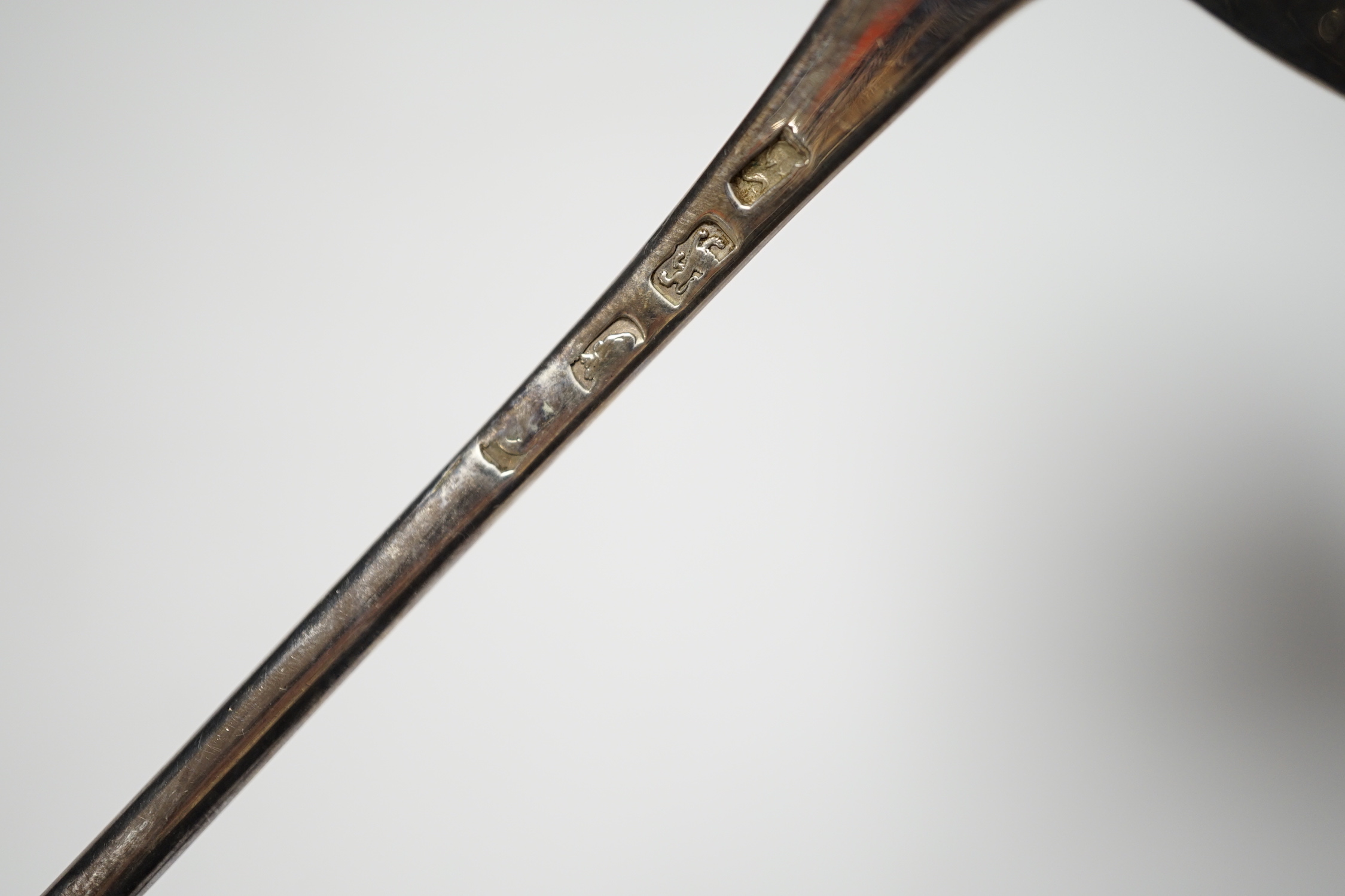 An 18th century silver base mark Old English pattern soup ladle, maker GS, London, circa 1770, 34cm.